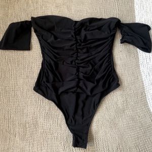 Black Off The Shoulder Ruched Bodysuit
